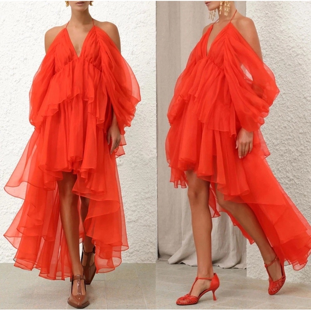 Zimmermann Natura Tranquility Ruffle Halter Hi-Low Dress Tomato Red 0 XS